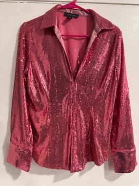 Tahari Hot Pink Sequin V Neck Fitted Shirt NWOT Size Large